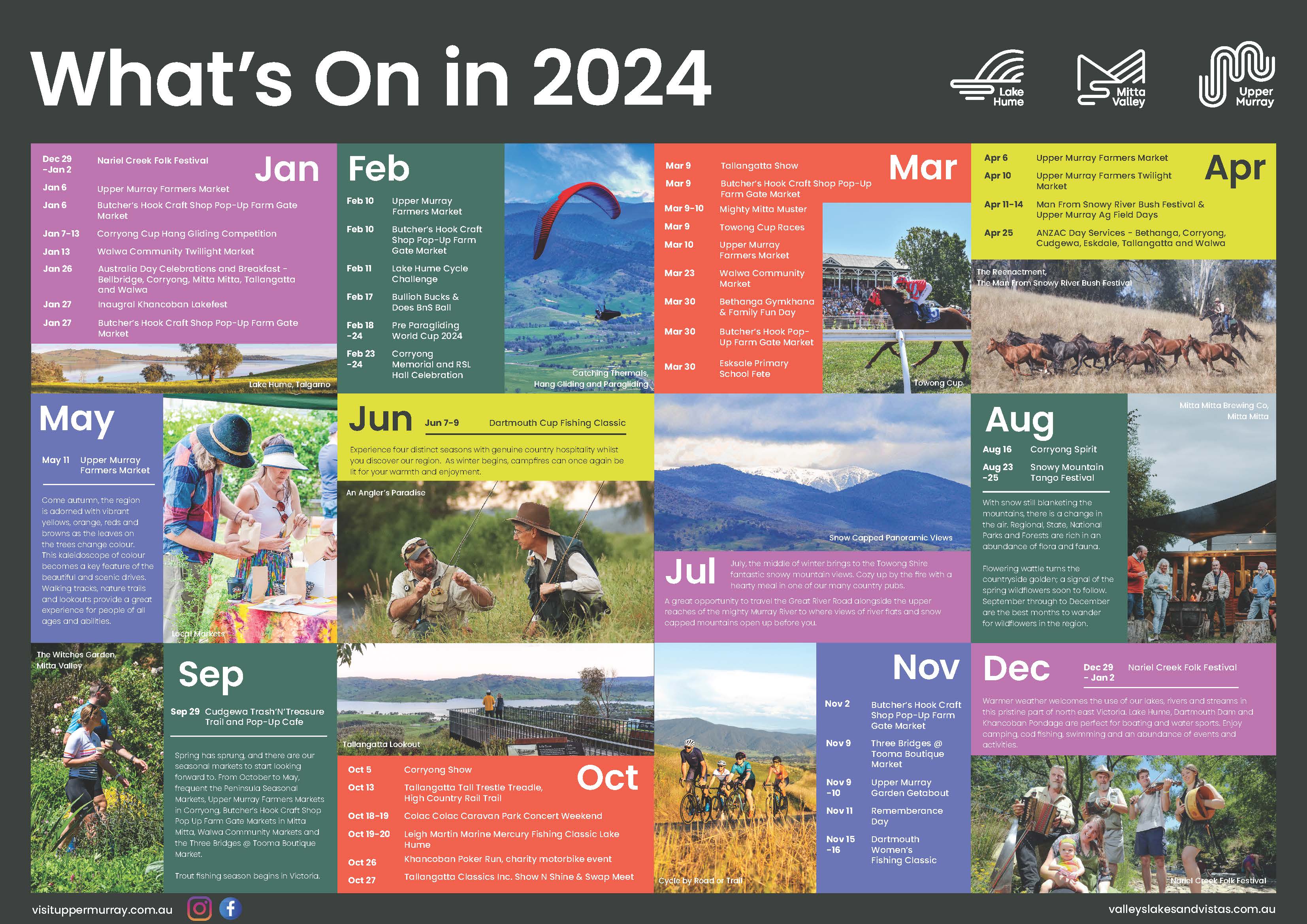 Calendar of Events across Towong Shire - Upper Murray, Mitta Valley, Lake Hume - throughout 2024